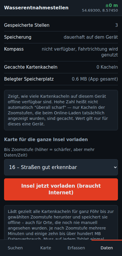 Datenübersicht mit Kachel- und Speicherinfo